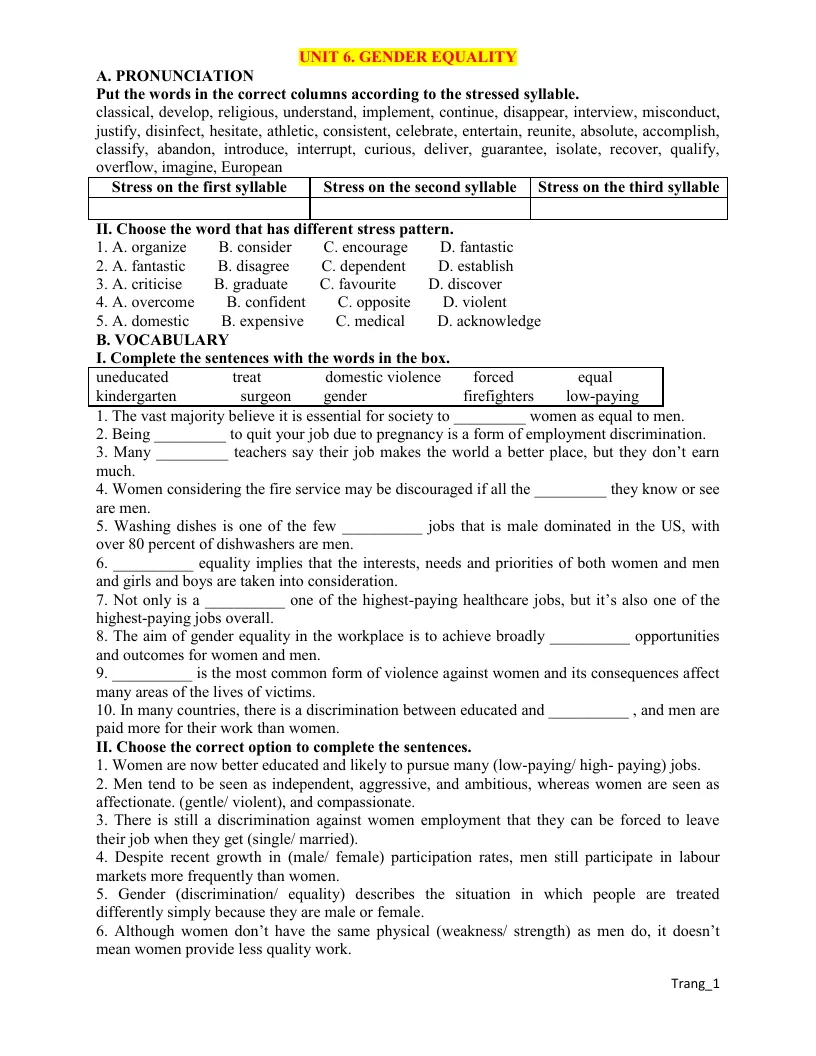 Bài Tập Làm Thêm Tiếng Anh 10 Unit 6 Gender Equality
