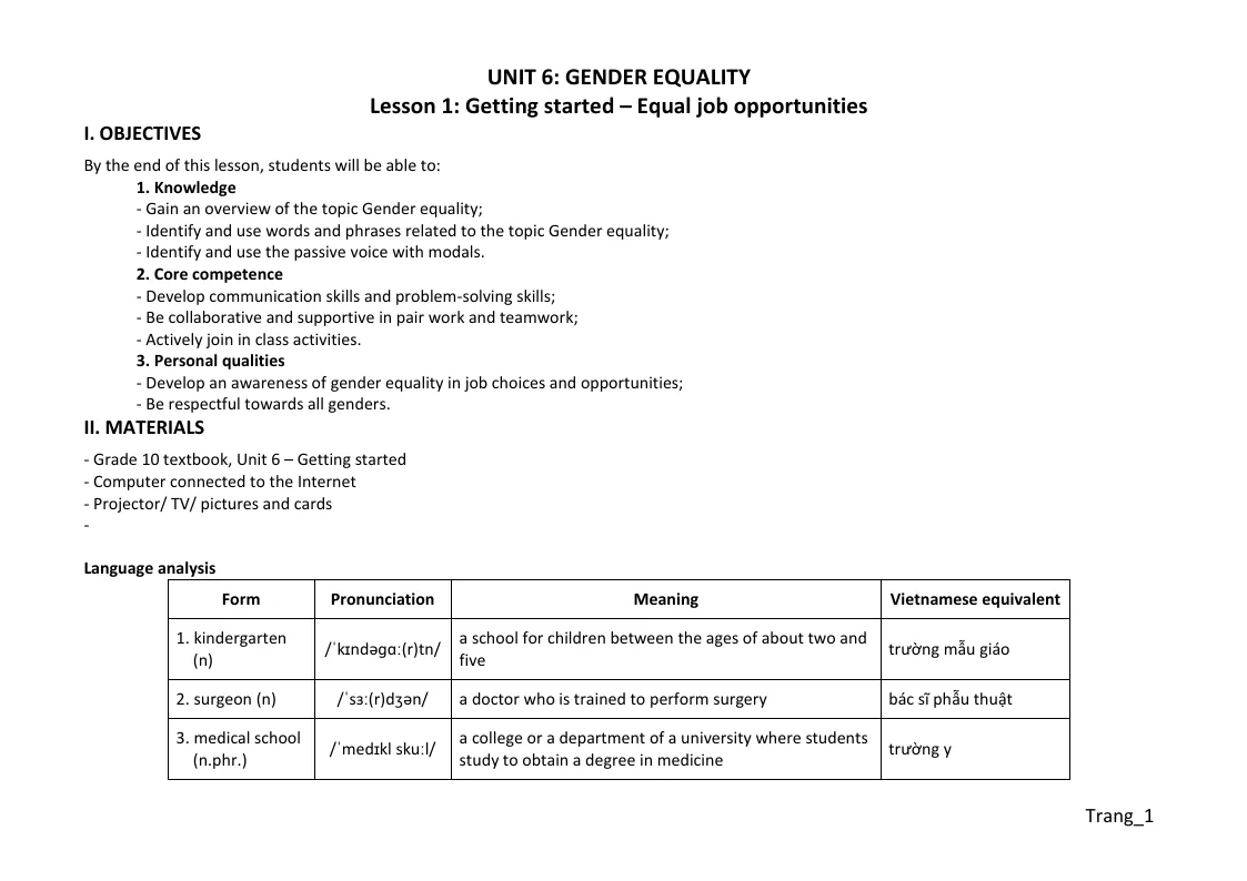 Giáo Án Tiếng Anh 10 Global Unit 6 Gender Equality