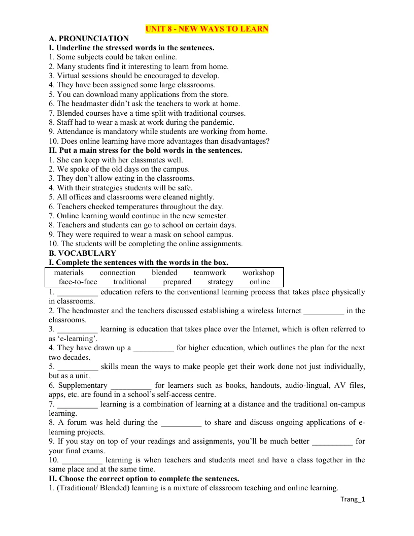 Bài Tập Làm Thêm Tiếng Anh 10 Unit 8 New Ways To Learn