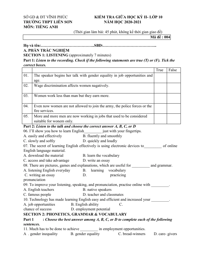 Đề Kiểm Tra Giữa Kì 2 Tiếng Anh 10 THPT Liễn Sơn 20 - 21 Có Đáp Án Và File Nghe
