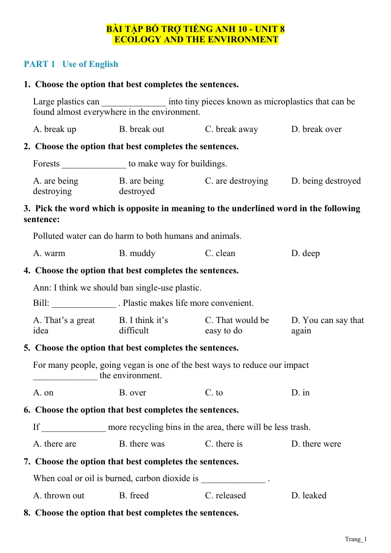 Bài Tập Bổ Trợ Anh 10 Smart World Unit 8 Ecology And The Environment Có Đáp Án Và File Nghe