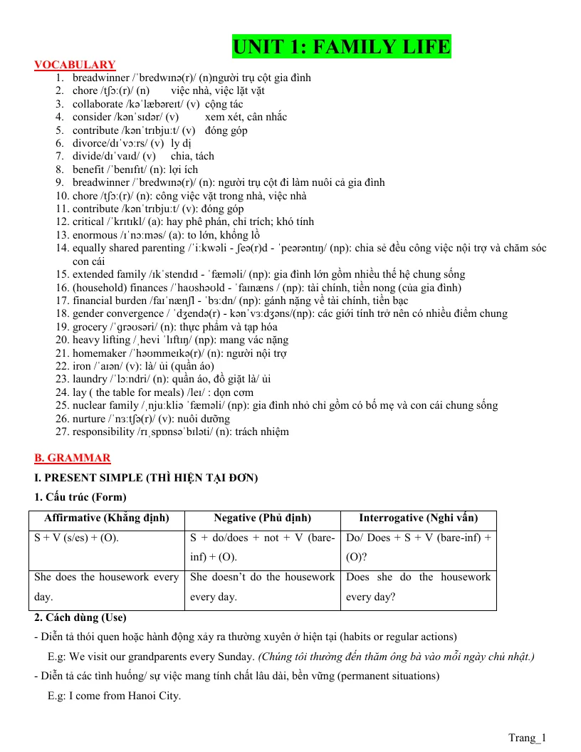 Bài Tập Chuyên Sâu Anh 10 Global Unit 1 Family Life