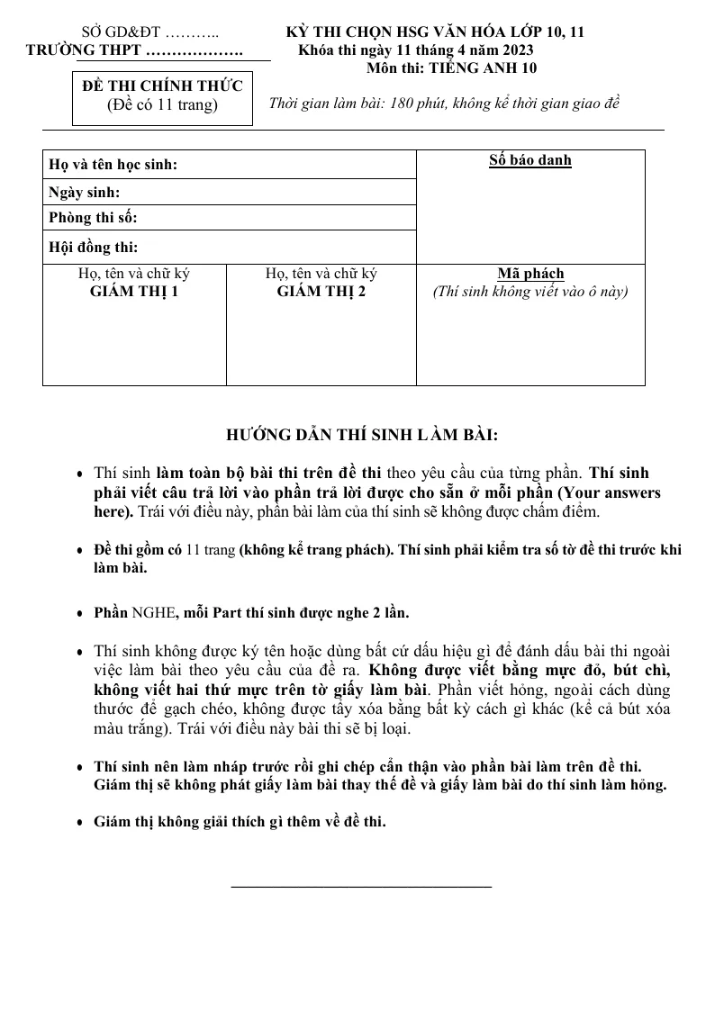 Đề Thi HSG Anh 10 Cấp Trường 2022 - 2023 Có Đáp Án Và File Nghe