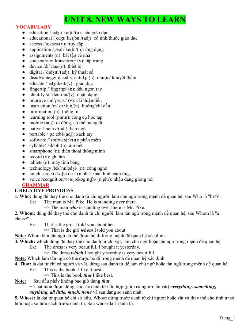 Bài Tập Chuyên Sâu Anh 10 Global Unit 8 New Ways To Learn