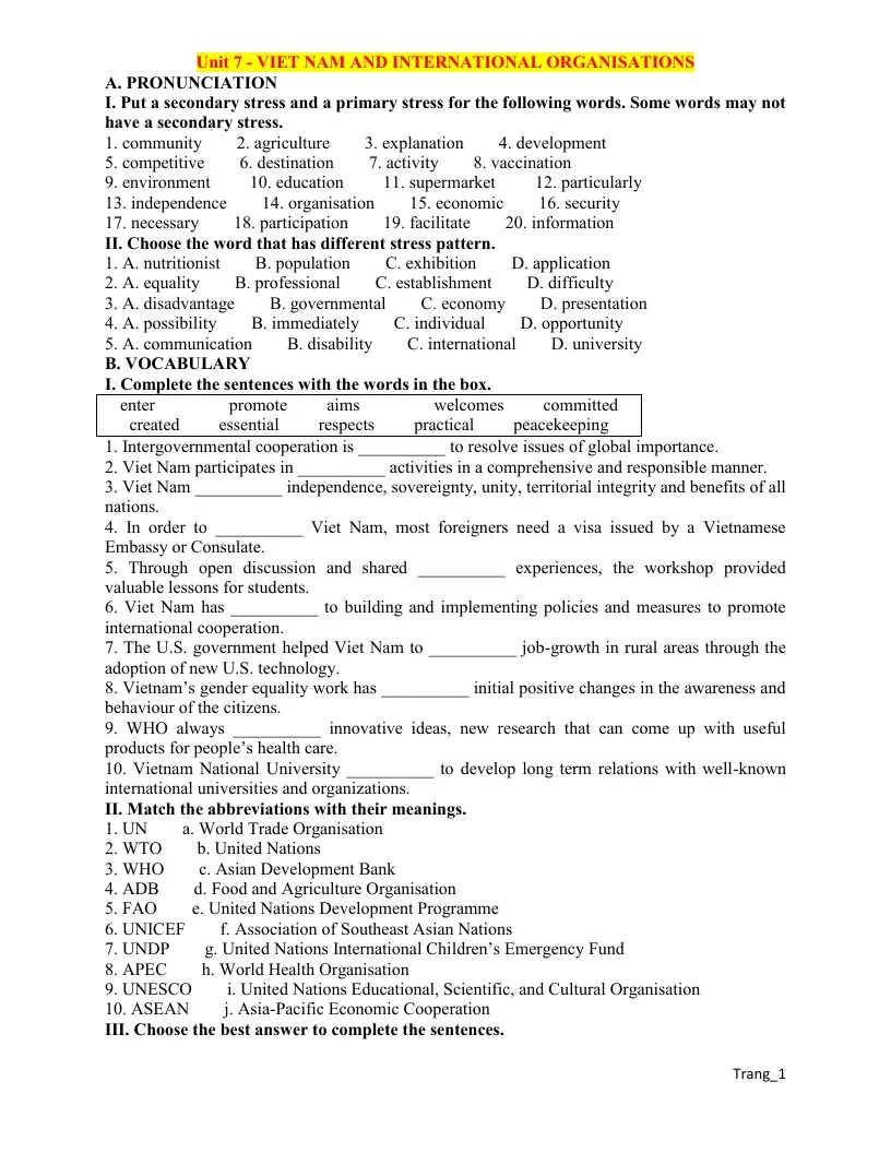 Bài Tập Làm Thêm Tiếng Anh 10 Unit 7 Viet Nam And International Organisations