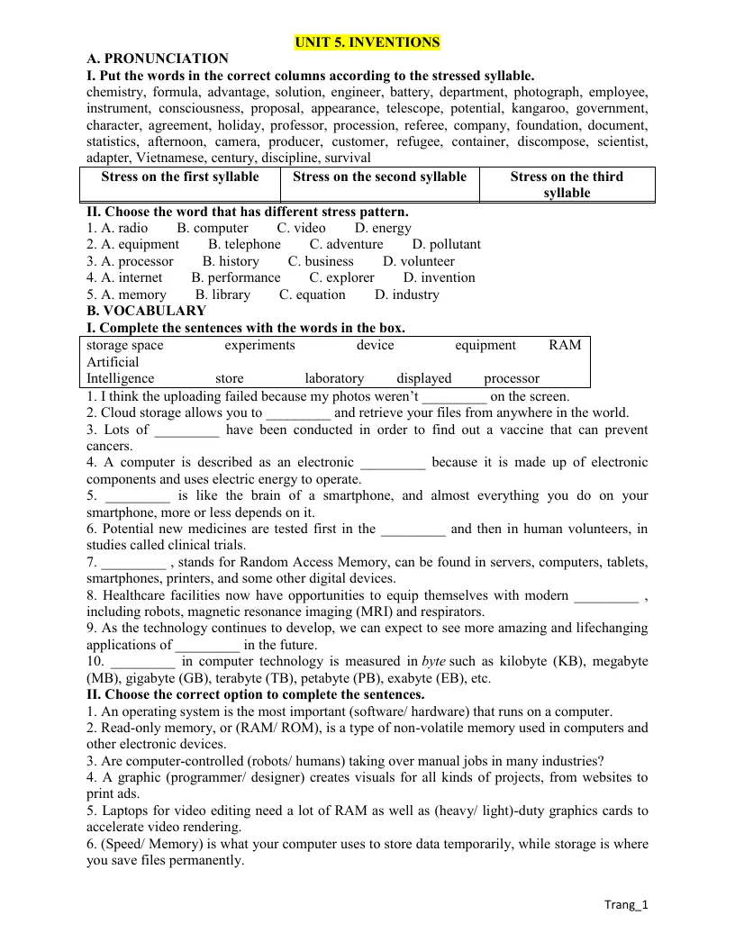 Bài Tập Thực Hành Anh 10 Unit 5 Inventions