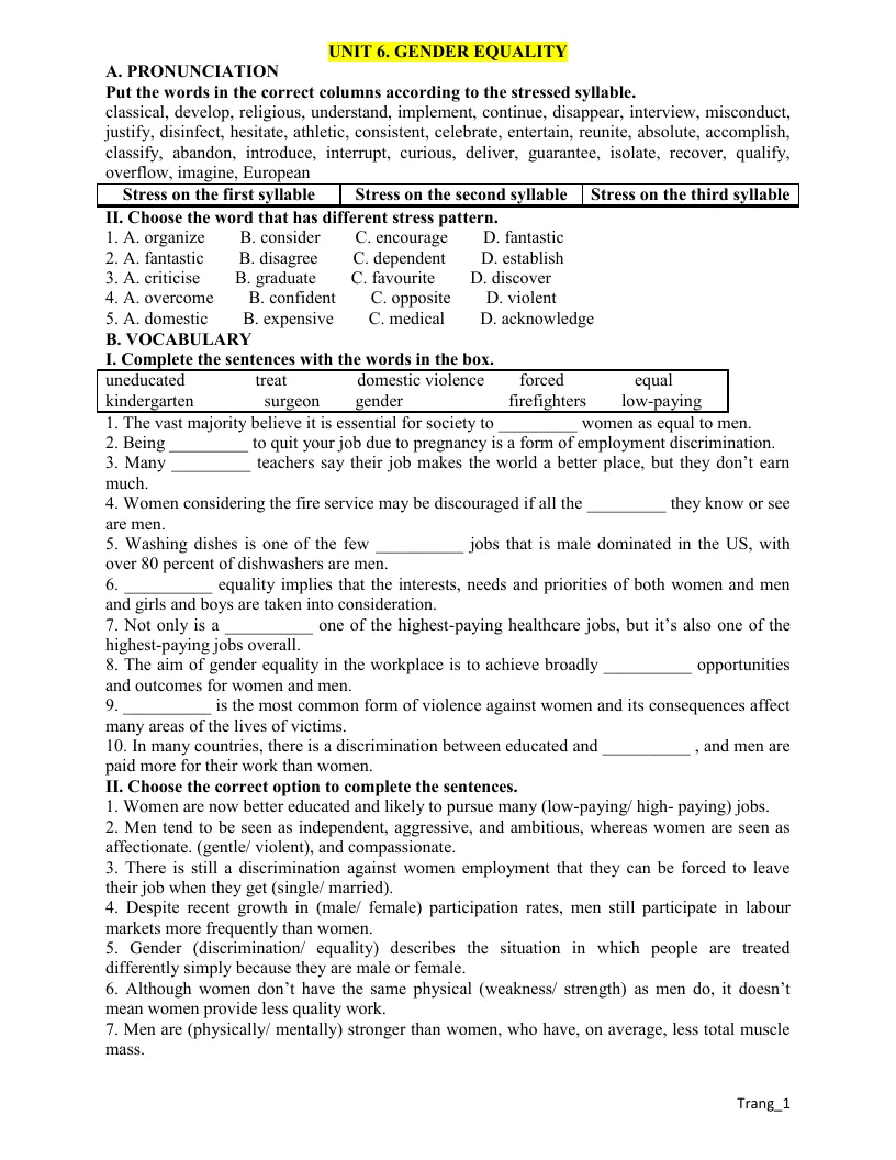 Bài Tập Thực Hành Anh 10 Unit 6 Gender Equality
