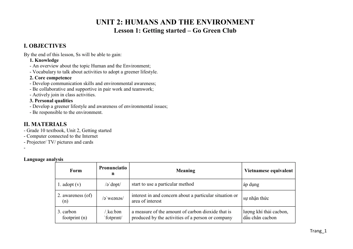 Giáo Án Tiếng Anh 10 Global Unit 2 Humans And The Environment