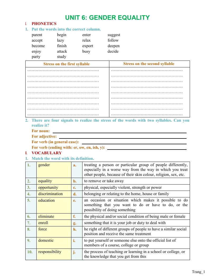 Bài Tập Tiếng Anh 10 Sách Thí Điểm Bài 6: Gender Equality Có Đáp Án - Đại Lợi - Hằng Nguyễn