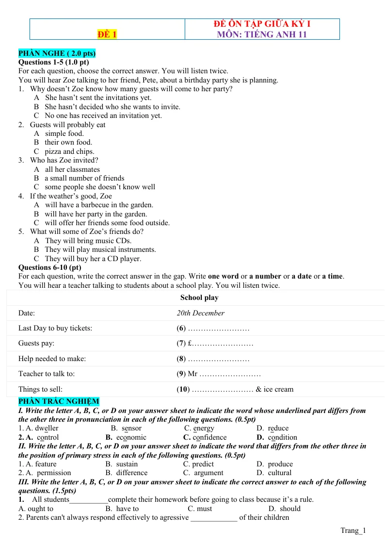Đề Ôn Tập Giữa Học Kỳ 1 Tiếng Anh 11 Có File Nghe - Đề 1