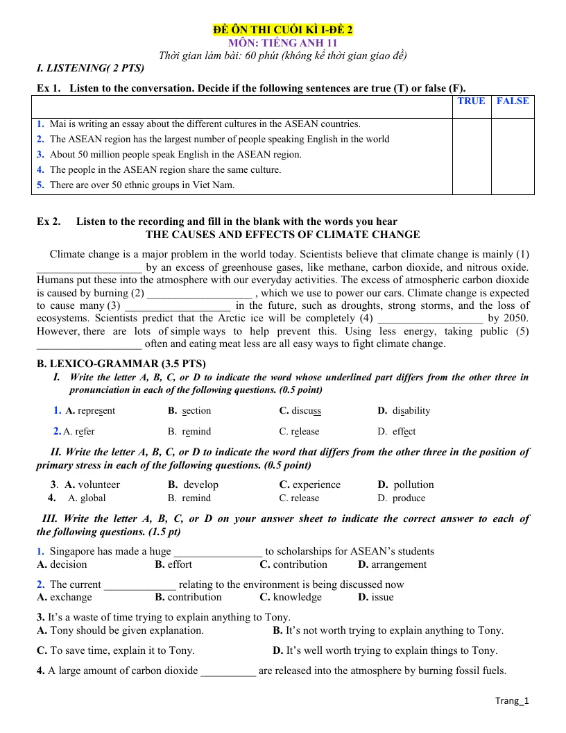 Đề Ôn Tập Học Kỳ 1 Tiếng Anh 11 Có File Nghe - Đề 2