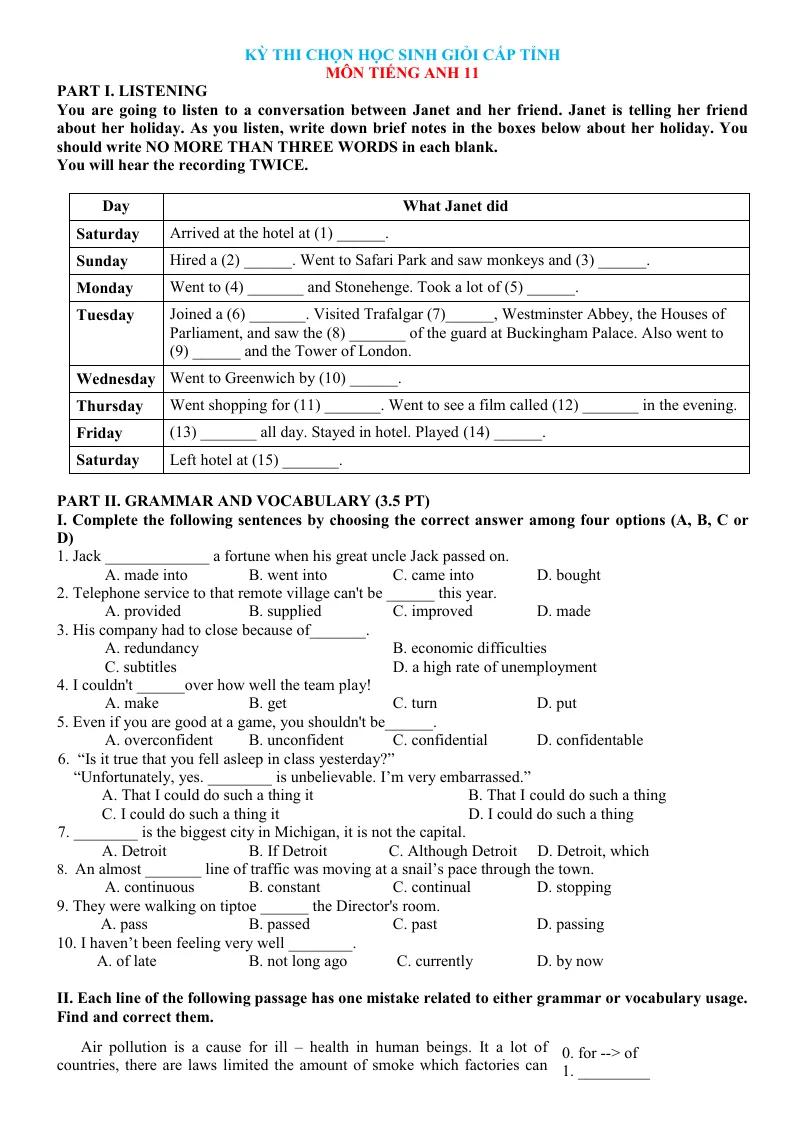 Đề Thi Chọn HSG Tiếng Anh 11 Cấp Tỉnh Có Đáp Án Và File Nghe
