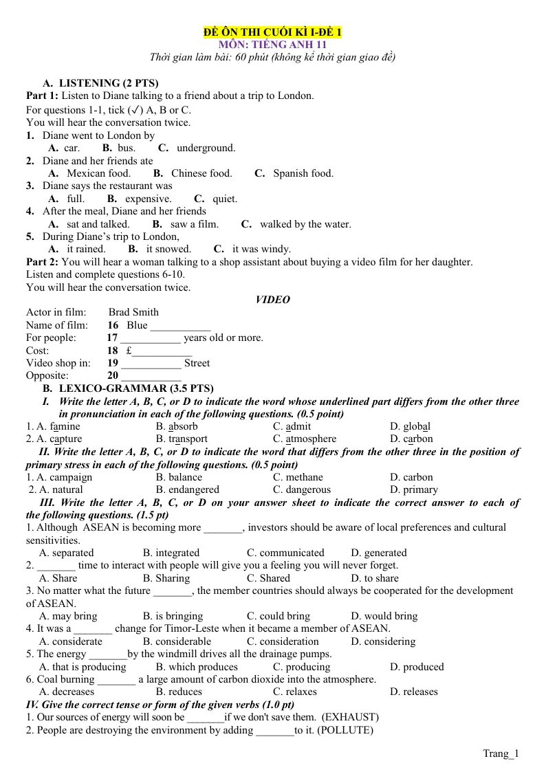 Đề Ôn Thi Học Kỳ 1 Tiếng Anh 11 Có File Nghe - Đề 1