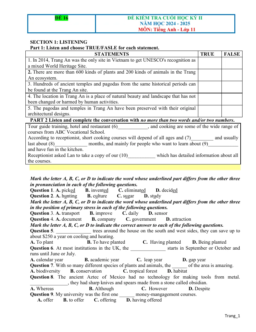 Đề Thi HK2 Anh 11 Global 2024 - 2025 Có Đáp Án Và File Nghe - Đề 16