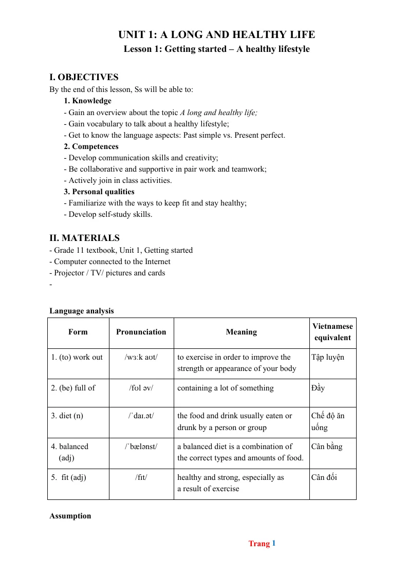 Giáo Án Tiếng Anh 11 Học Kỳ 1
