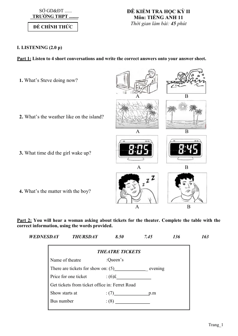 Đề Thi Học Kỳ 2 Anh Văn 11 Có Đáp Án Và File Nghe