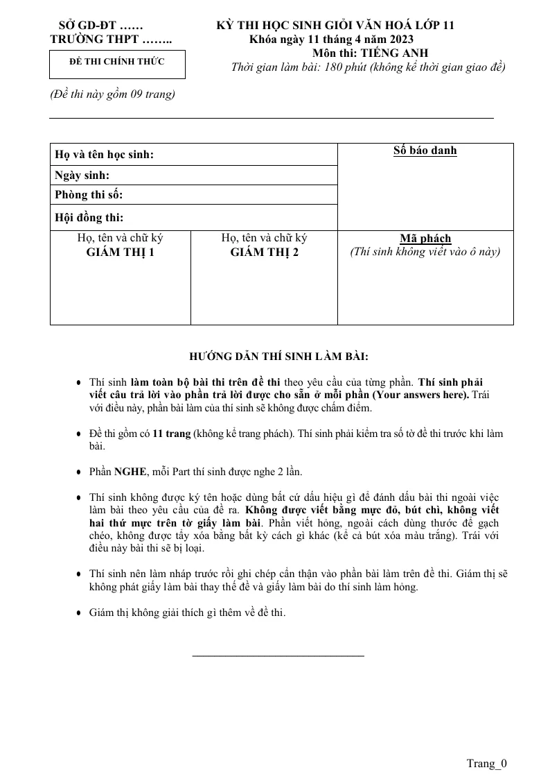Đề Thi HSG Anh 11 Cấp Trường 2022 - 2023 Có Đáp Án Và File Nghe
