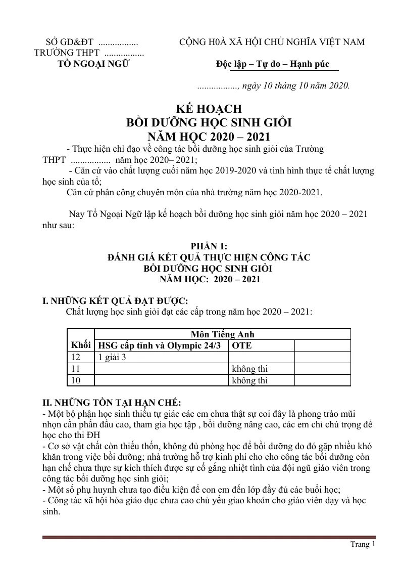 Kế Hoạch Bồi Dưỡng Học Sinh Giỏi Tiếng Anh Năm 2020 - 2021