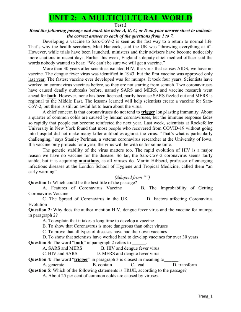 Đề Test Anh 12 Global Unit 2 A Multicultural World Có Đáp Án - Đề 2