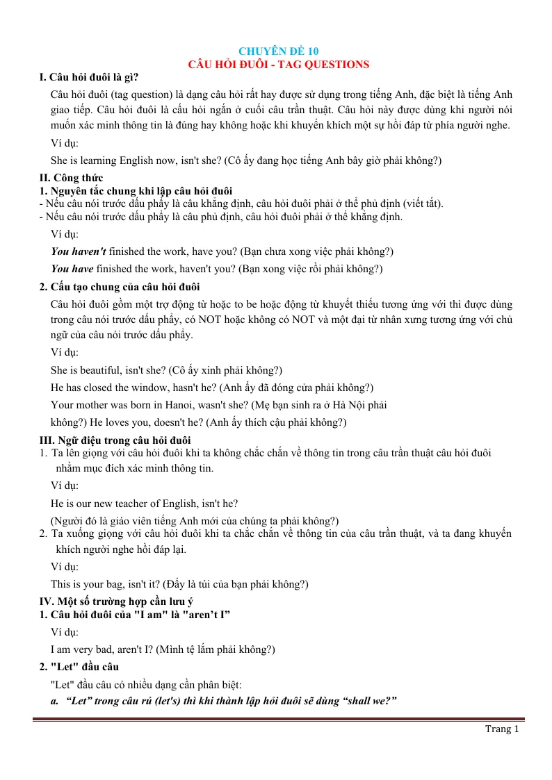 Chuyên Đề Ngữ Pháp Tiếng Anh: Chuyên Đề 10 Câu Hỏi Đuôi - Tag Question