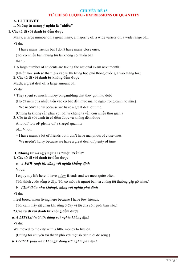 Chuyên Đề Ngữ Pháp Tiếng Anh: Chuyên Đề 15 Từ Chỉ Số Lượng - Expressions Of Quantity