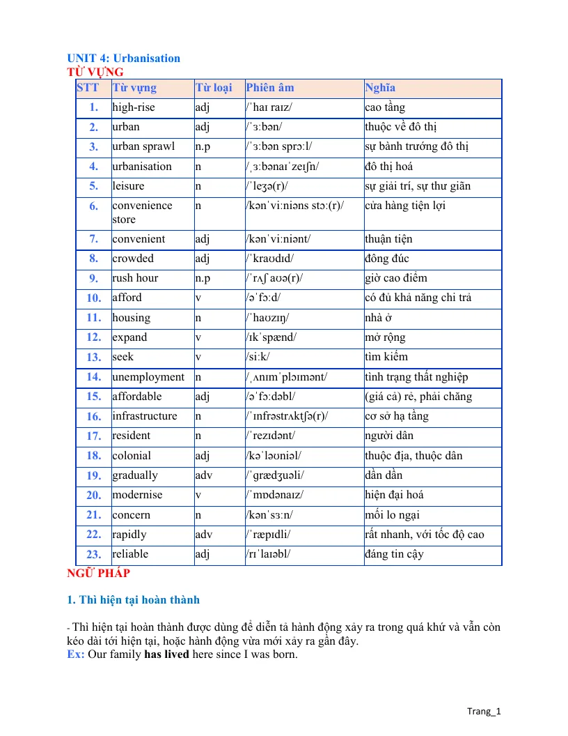 Bài Tập Bổ Trợ Tiếng Anh 12 Unit 4 Urbanisation