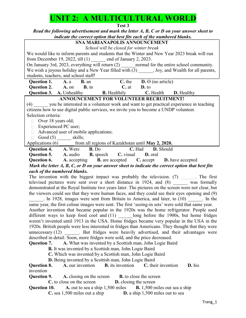 Bài Tập Test Anh 12 Global Unit 2 A Multicultural World Có Đáp Án - Đề 3
