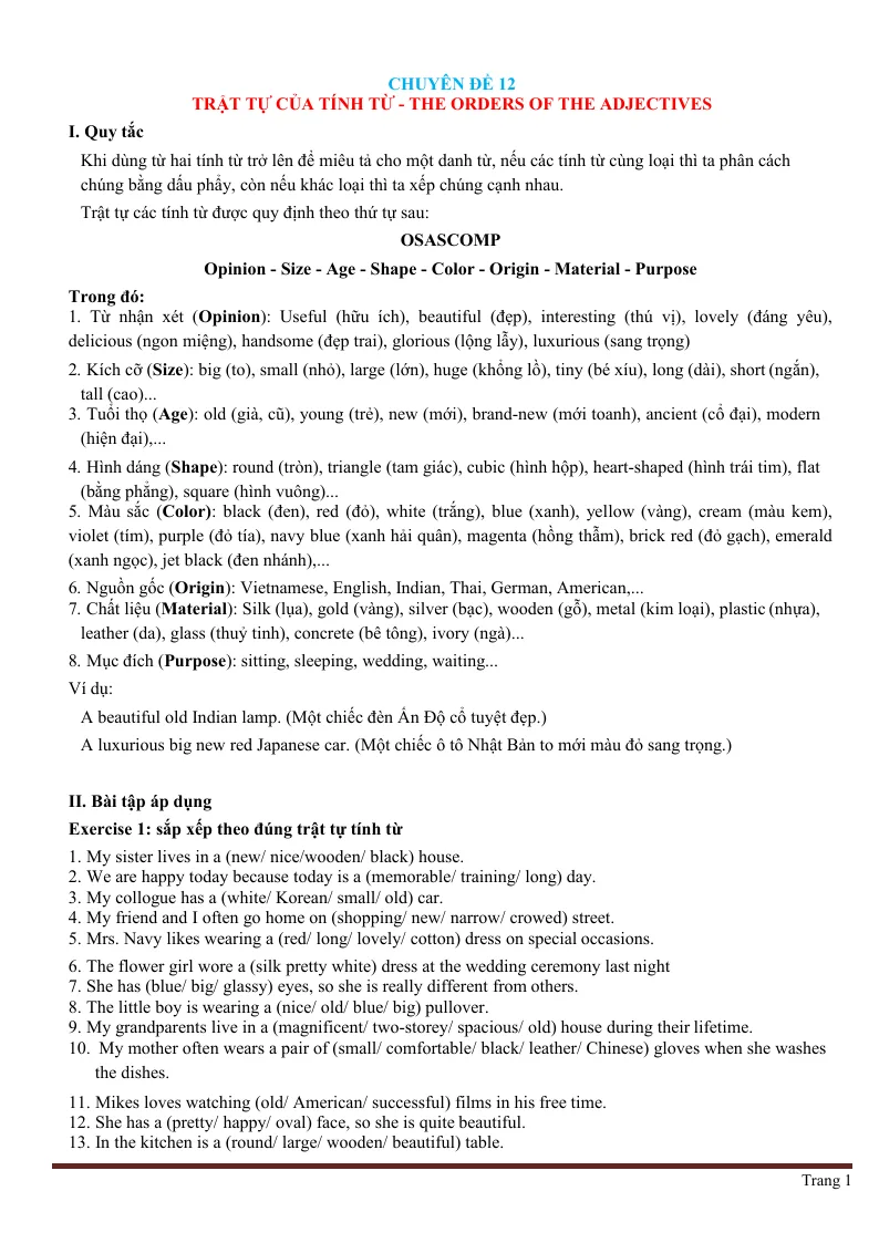 Chuyên Đề Ngữ Pháp Tiếng Anh: Chuyên Đề 12 Trật Tự Của Tính Từ - The Orders Of The Adjectives