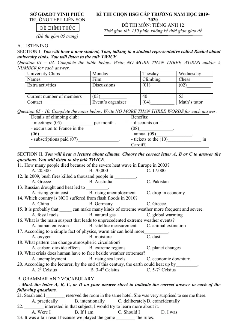 Đề Thi HSG Tiếng Anh 12 Trường THPT Liễn Sơn 2019 - 2020