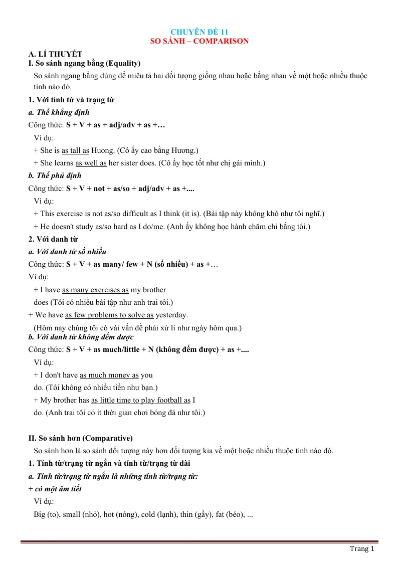 Chuyên Đề Ngữ Pháp Tiếng Anh: Chuyên Đề 11 So Sánh–Comparison