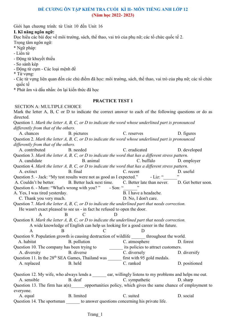 Đề Cương Ôn Tập Học Kỳ 2 Tiếng Anh 12 Năm Học 2022 - 2023