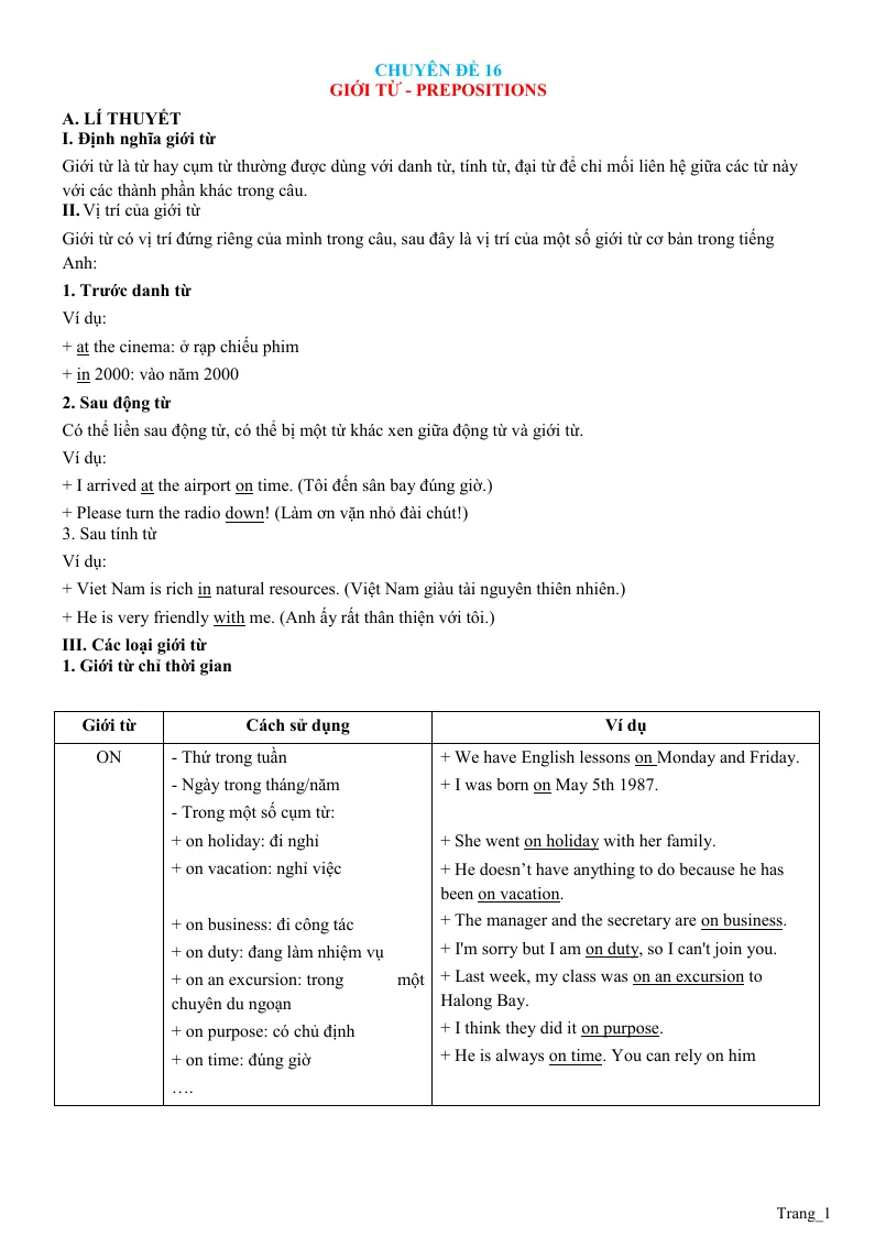 Chuyên Đề Ngữ Pháp Tiếng Anh: Chuyên Đề 16 Giới Từ - Prepositions