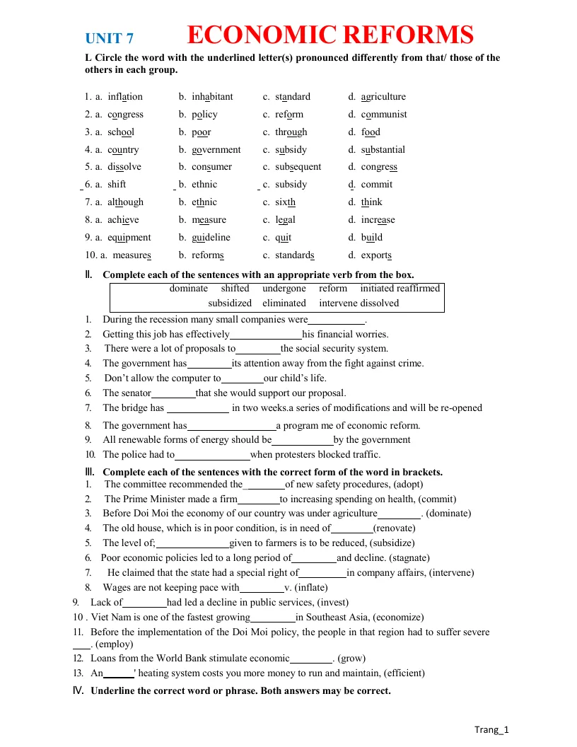 Bài Tập Tiếng Anh 12 Unit 7 Economic Reforms
