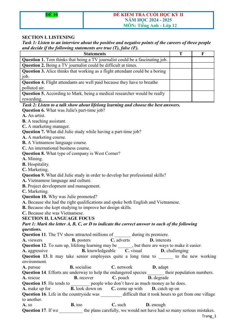 Đề Thi Học Kỳ 2 Anh 12 Có Đáp Án Và File Nghe - Đề 10