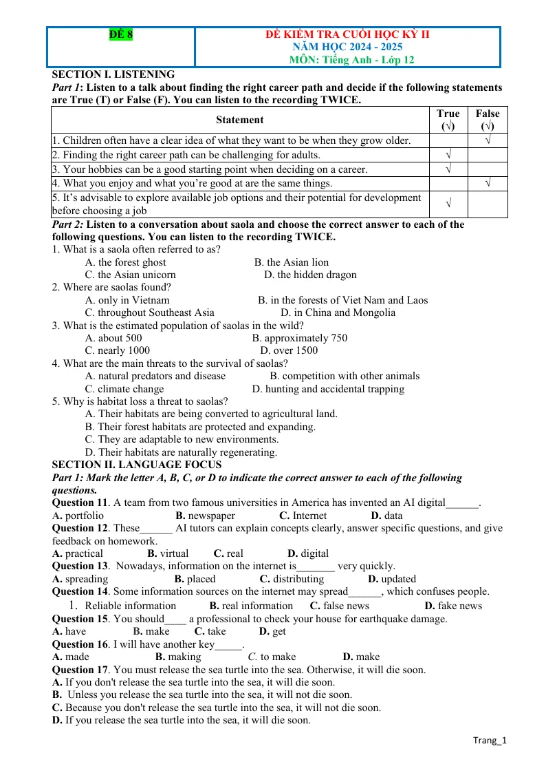 Đề Thi Cuối Học Kỳ 2 Tiếng Anh 12 Có Đáp Án Và File Nghe - Đề 8