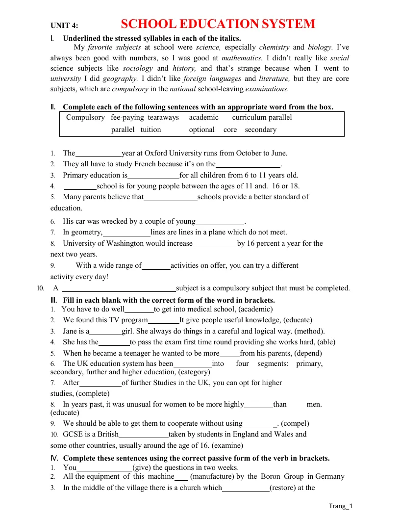 Bài Tập Tiếng Anh 12 Unit 4 School Education System