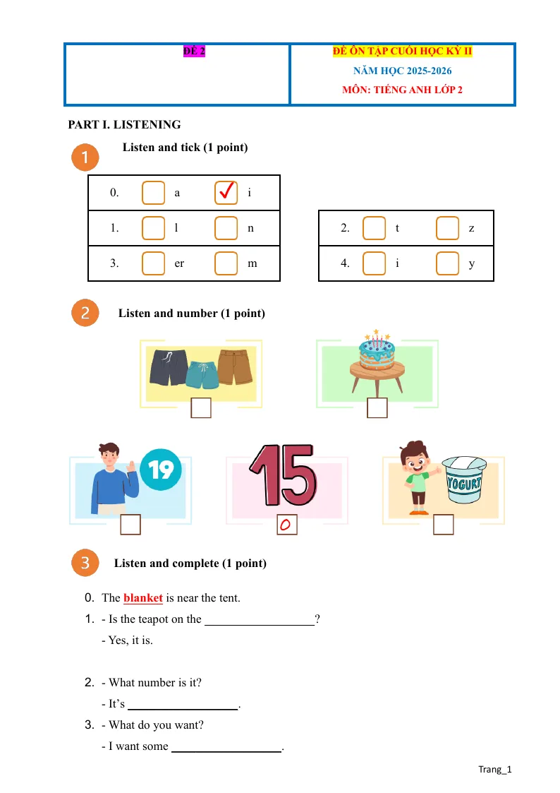 Đề Ôn Tập Kỳ 2 Tiếng Anh 2 Có Đáp Án File Nghe - Đề 2