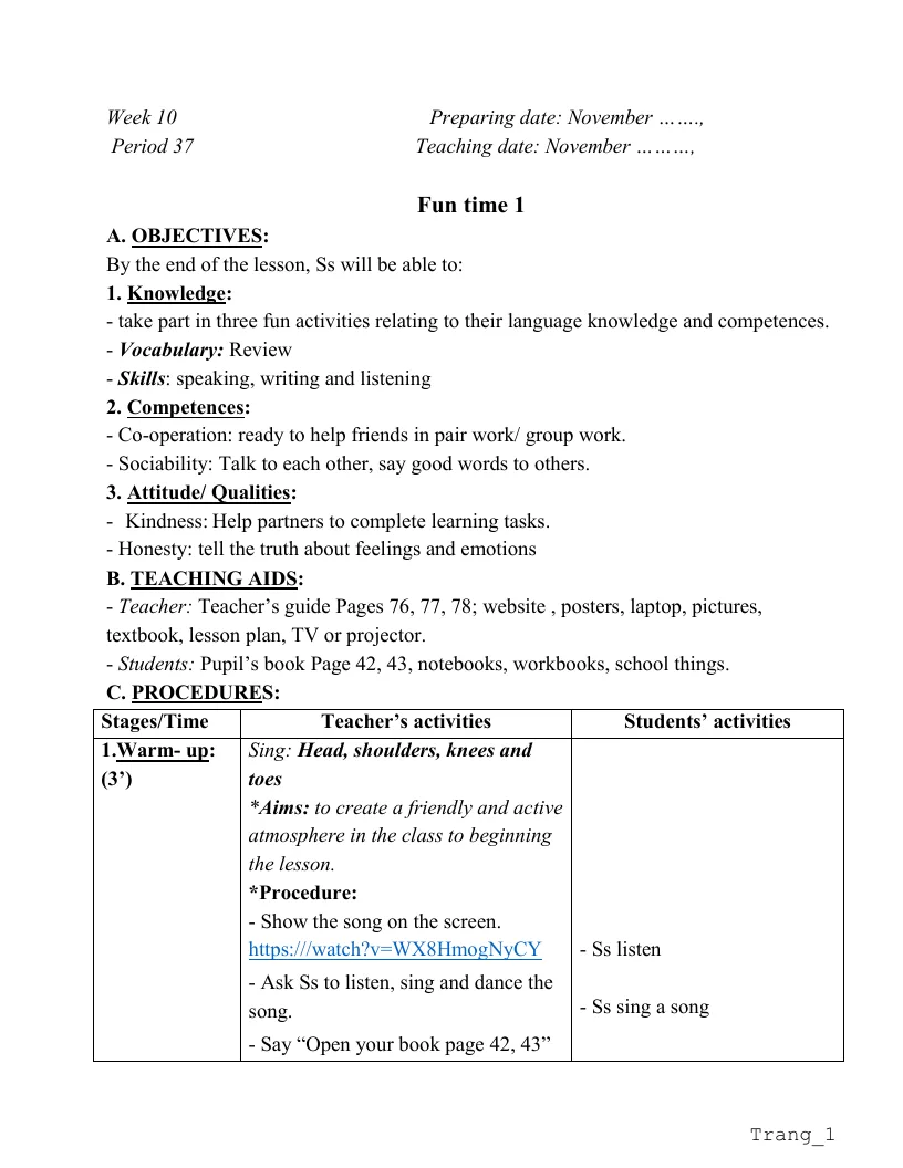 Giáo Án Tiếng Anh 3 Tuần 10