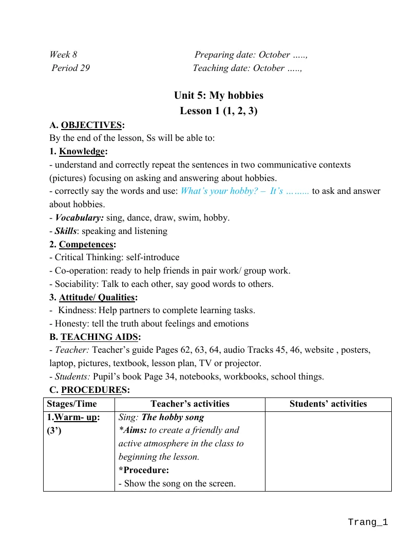 Giáo Án Tiếng Anh 3 Tuần 8