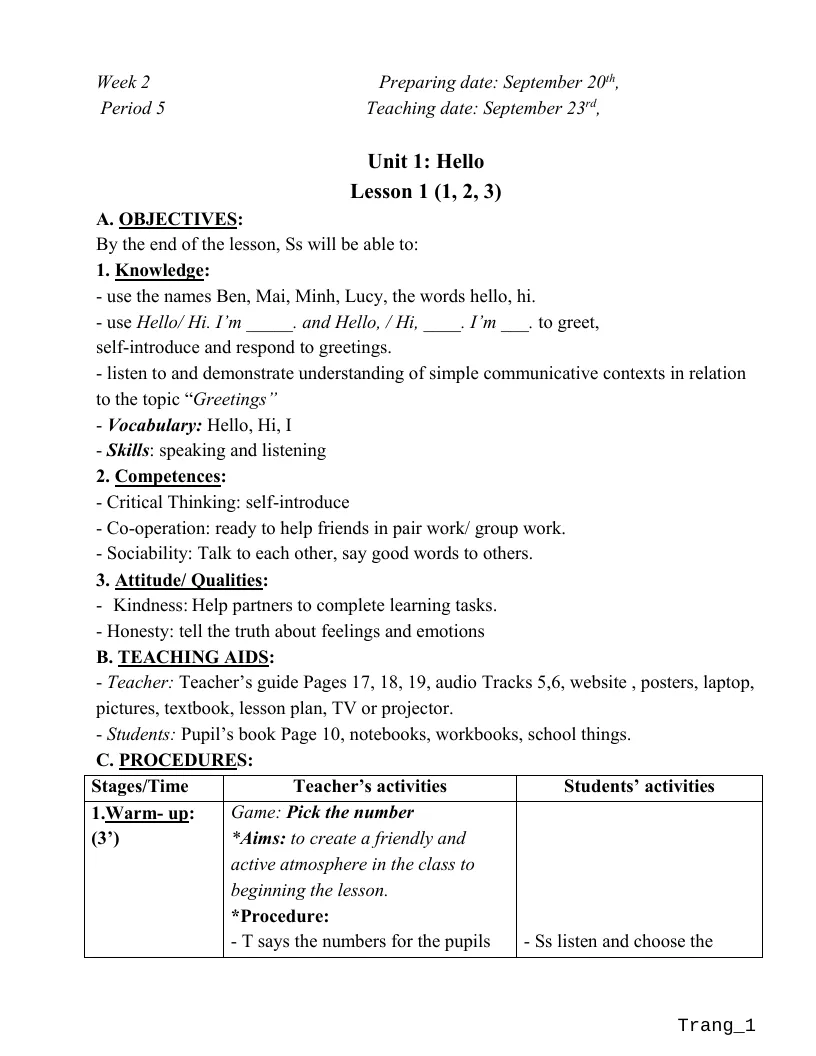 Giáo Án Tiếng Anh 3 Tuần 2