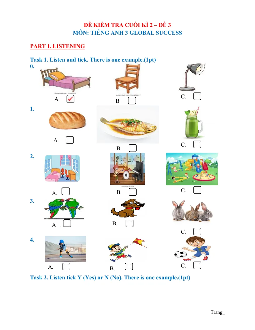 Đề Kiểm Tra Kỳ 2 Tiếng Anh 3 2024 - 2025 Có Đáp Án Và File Nghe - Đề 3