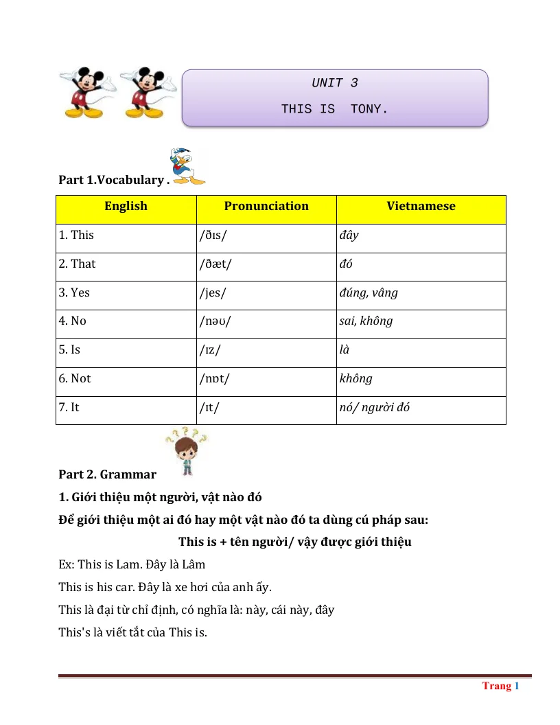 Bài Tập Chuyên Sâu Tiếng Anh 3 Unit 3 This Is Tony