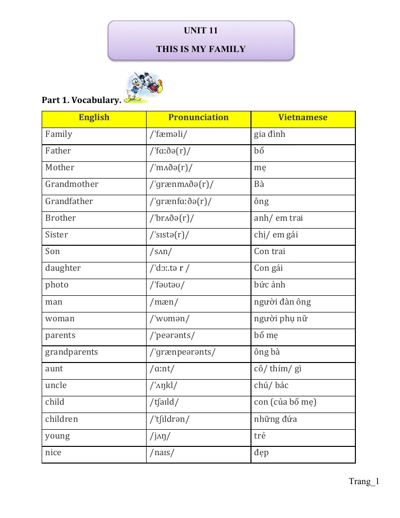 Bài Tập Chuyên Sâu Tiếng Anh 3 Unit 11 This Is My Family