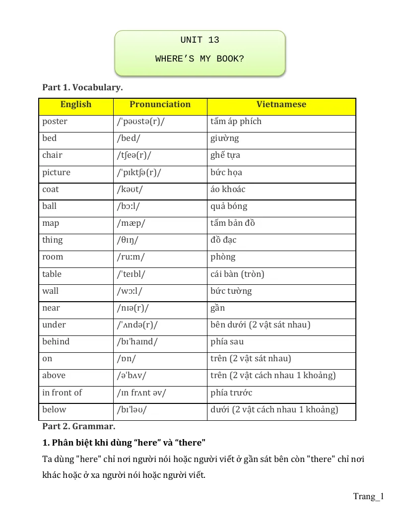 Bài Tập Chuyên Sâu Tiếng Anh 3 Unit 13 Where’s My Book