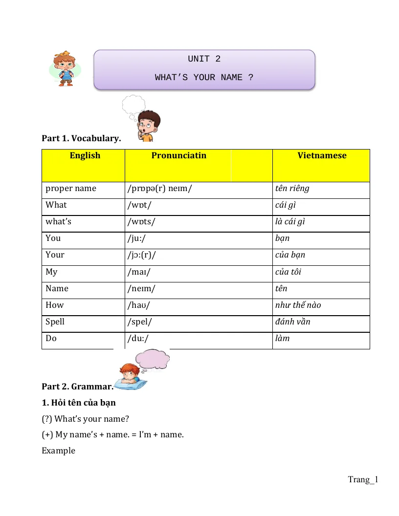 Bài Tập Chuyên Sâu Tiếng Anh 3 Unit 2 What’s Your Name