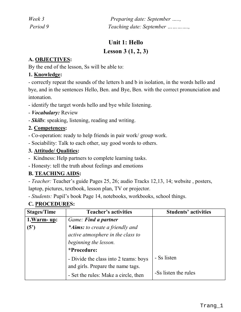 Giáo Án Tiếng Anh 3 Tuần 3