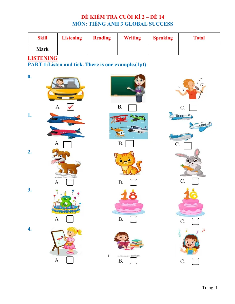 Đề Ôn Thi HK2 Anh 3 2024 - 2025 Có Đáp Án Và File Nghe - Đề 14