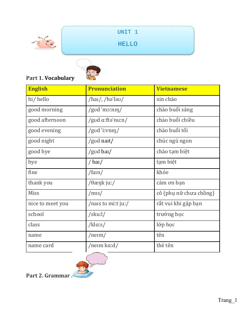 Bài Tập Chuyên Sâu Tiếng Anh 3 Unit 1 Hello