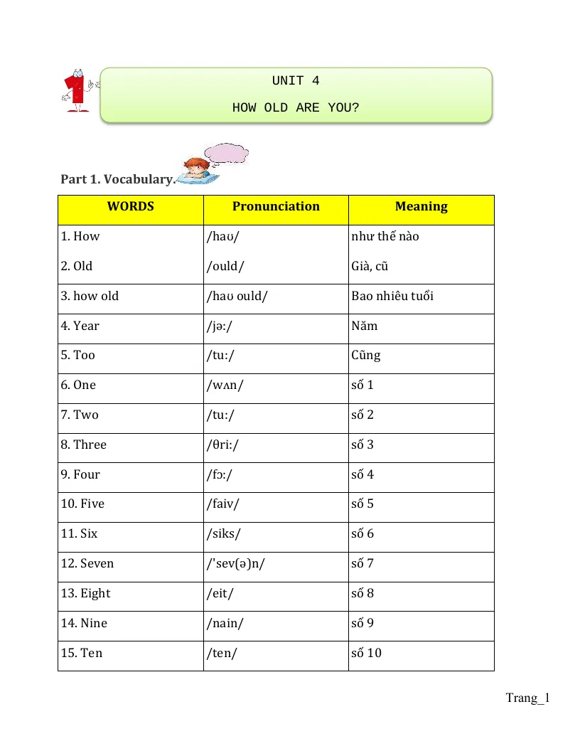 Bài Tập Chuyên Sâu Tiếng Anh 3 Unit 4 How Old Are You?