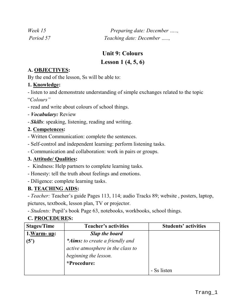Giáo Án Tiếng Anh 3 Tuần 15